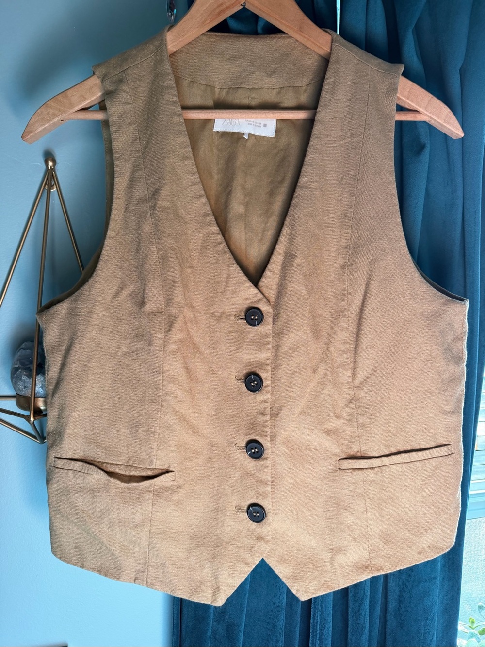 Zara Tan Tailored Button Front Vest Minimalist Coastal Chic Size M